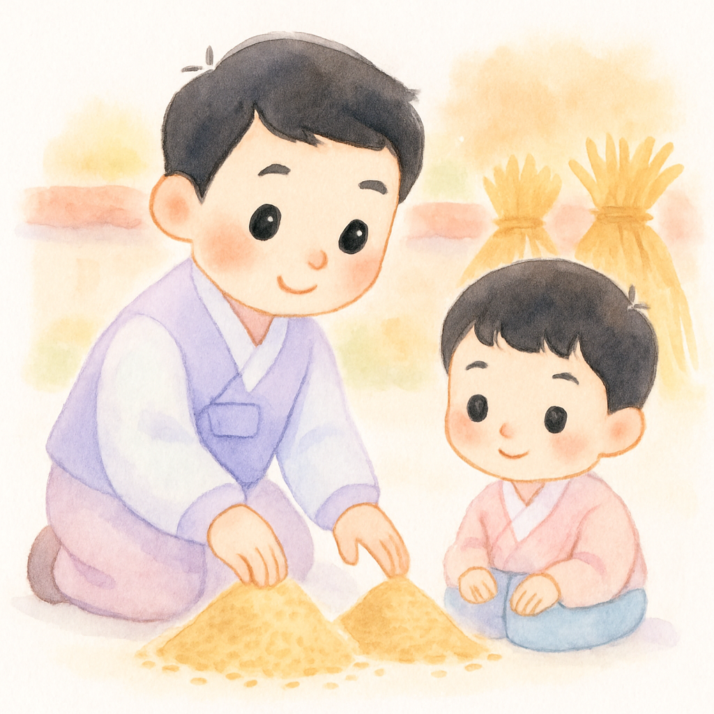 추수가 끝나고 형이 곡식을 반으로 나누는 장면